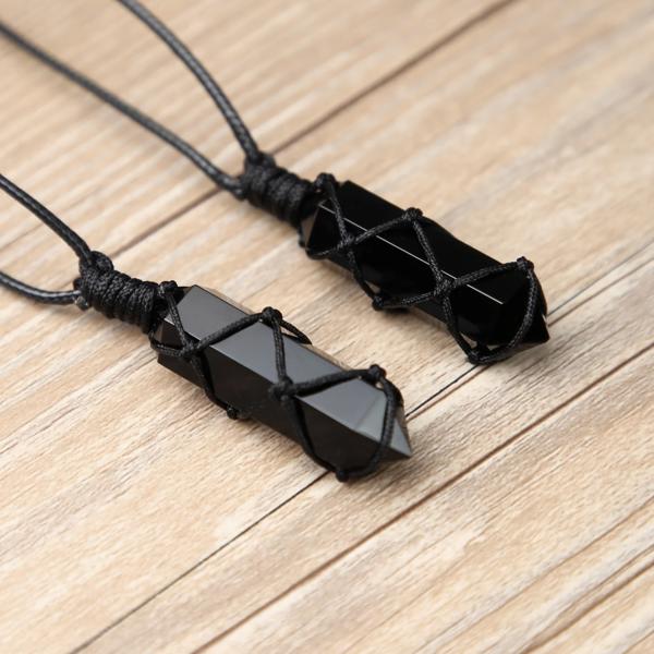 Natural Obsidian Crystal Hexagon Point Wrapped Pendant Necklace (1 PIECE)