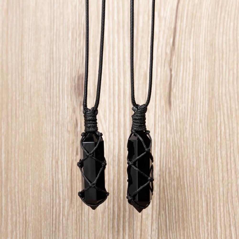 Natural Obsidian Crystal Hexagon Point Wrapped Pendant Necklace (1 PIECE)