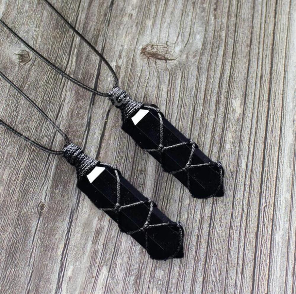 Natural Obsidian Crystal Hexagon Point Wrapped Pendant Necklace (1 PIECE)