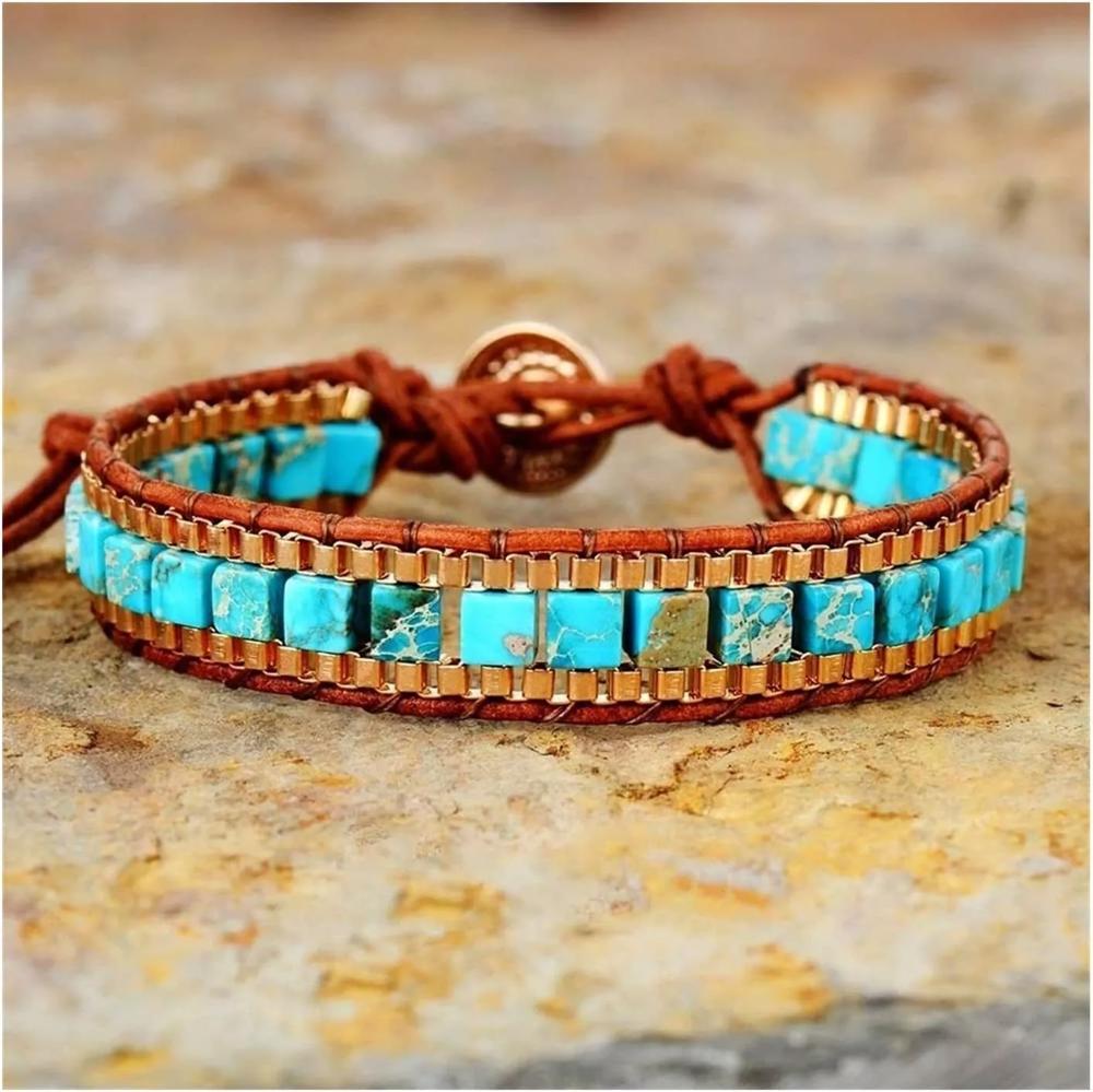 Natural Turquoise Gemstone Jasper Leather Braided Wrap Bracelet for Protection Healing