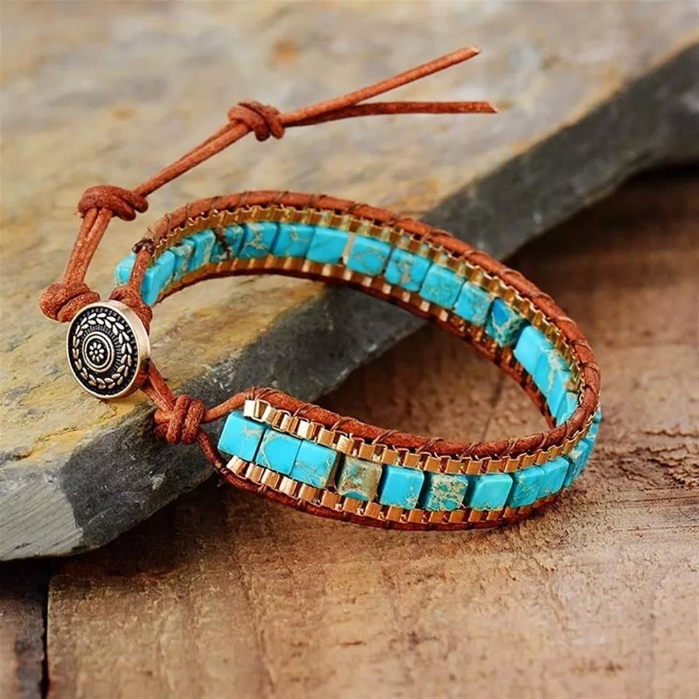 Natural Turquoise Gemstone Jasper Leather Braided Wrap Bracelet for Protection Healing