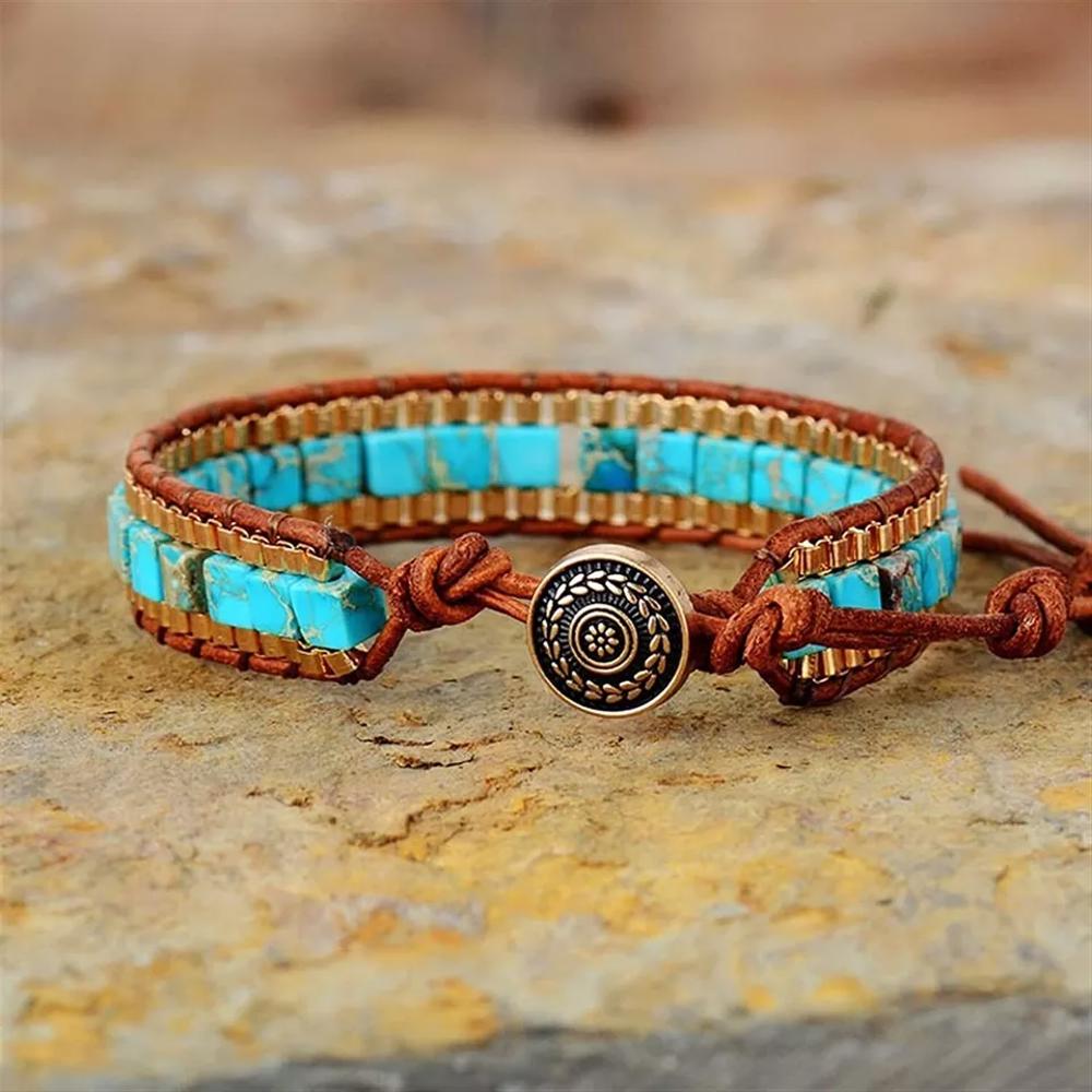 Natural Turquoise Gemstone Jasper Leather Braided Wrap Bracelet for Protection Healing