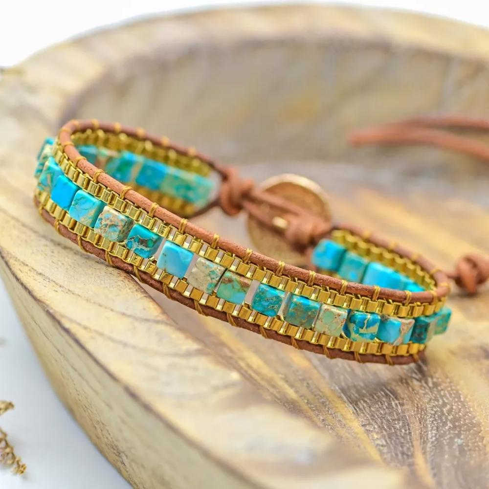 Natural Turquoise Gemstone Jasper Leather Braided Wrap Bracelet for Protection Healing