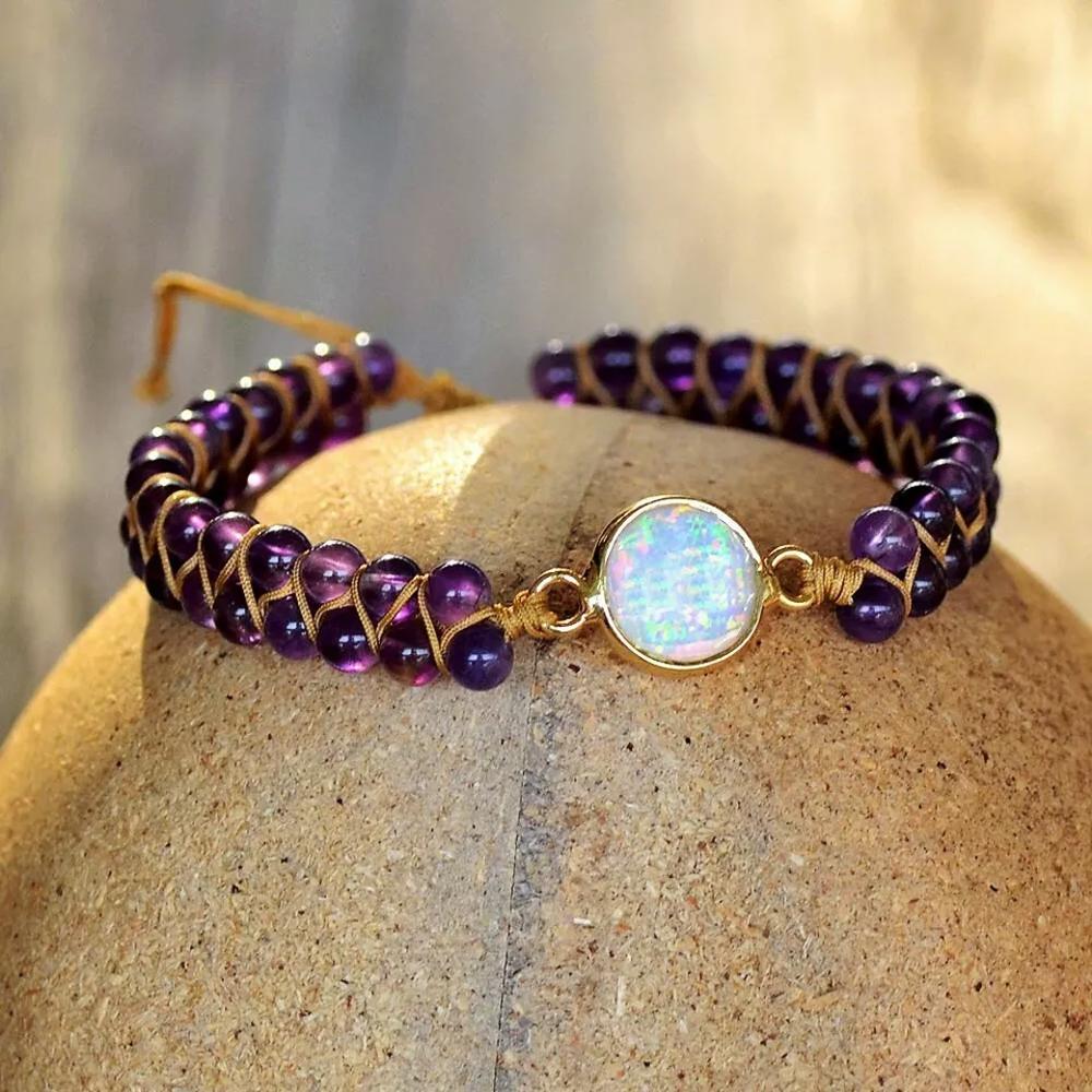 Natural Amethyst Stone Bracelet White Opal Gemstone Charm Bracelet Handmade