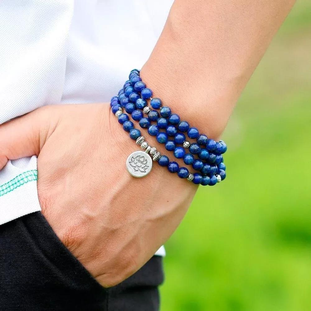 108 Mala Beads Prayer Lapis Lazuli Necklace Multi Strands Healing Yoga Bracelet