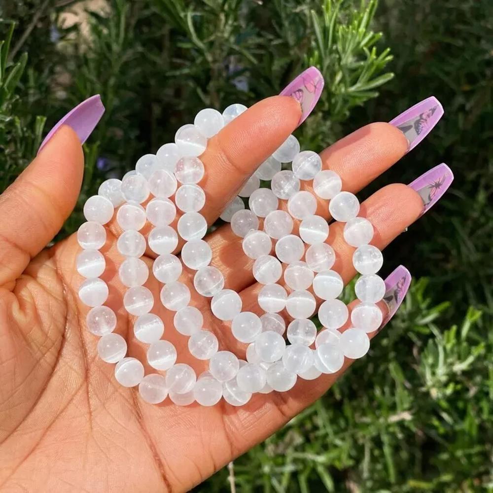 4PCS Genuine Selenite 8m Beads Healing Balance Reiki Stretch Women Bracelet Gifts