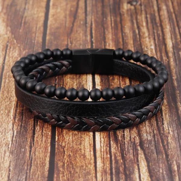 Natural Gemstone Men's Leather Calming Healing Bracelet Bangle 8 inches