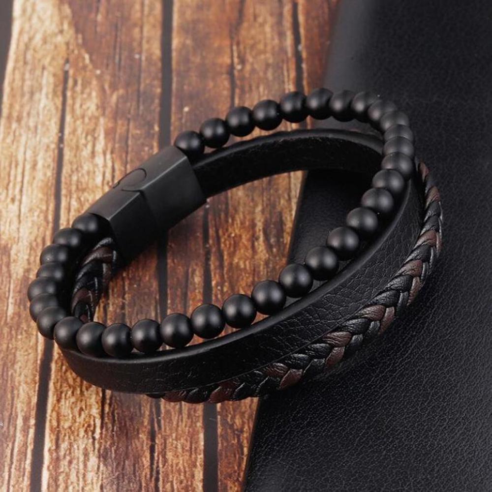 Natural Gemstone Men's Leather Calming Healing Bracelet Bangle 8 inches