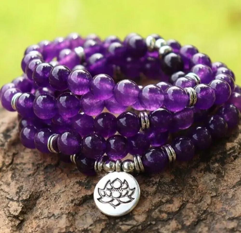 Amethyst 108 Mala Beads Prayer Necklace Multi Strands Healing Balance Bracelet