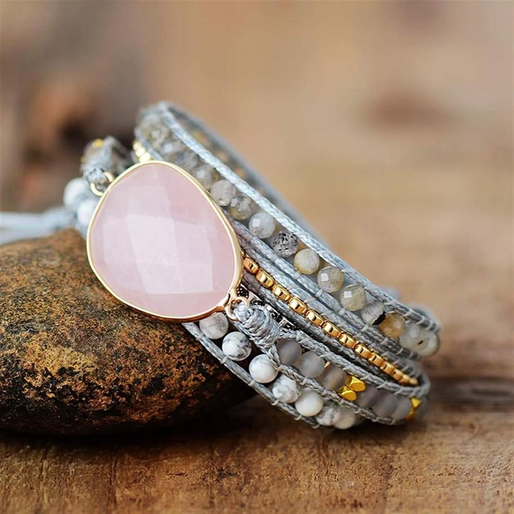 Natural Rose Quartz Jasper Leather Wrap Braided Bracelet for Love Healing Luck