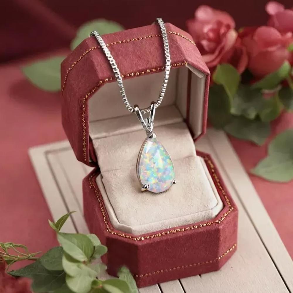 White Fire Opal Crystal Teardrop Pendant Healing Lucky Women Necklace Gifts