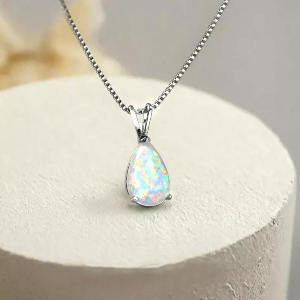 White Fire Opal Crystal Teardrop Pendant Healing Lucky Women Necklace Gifts