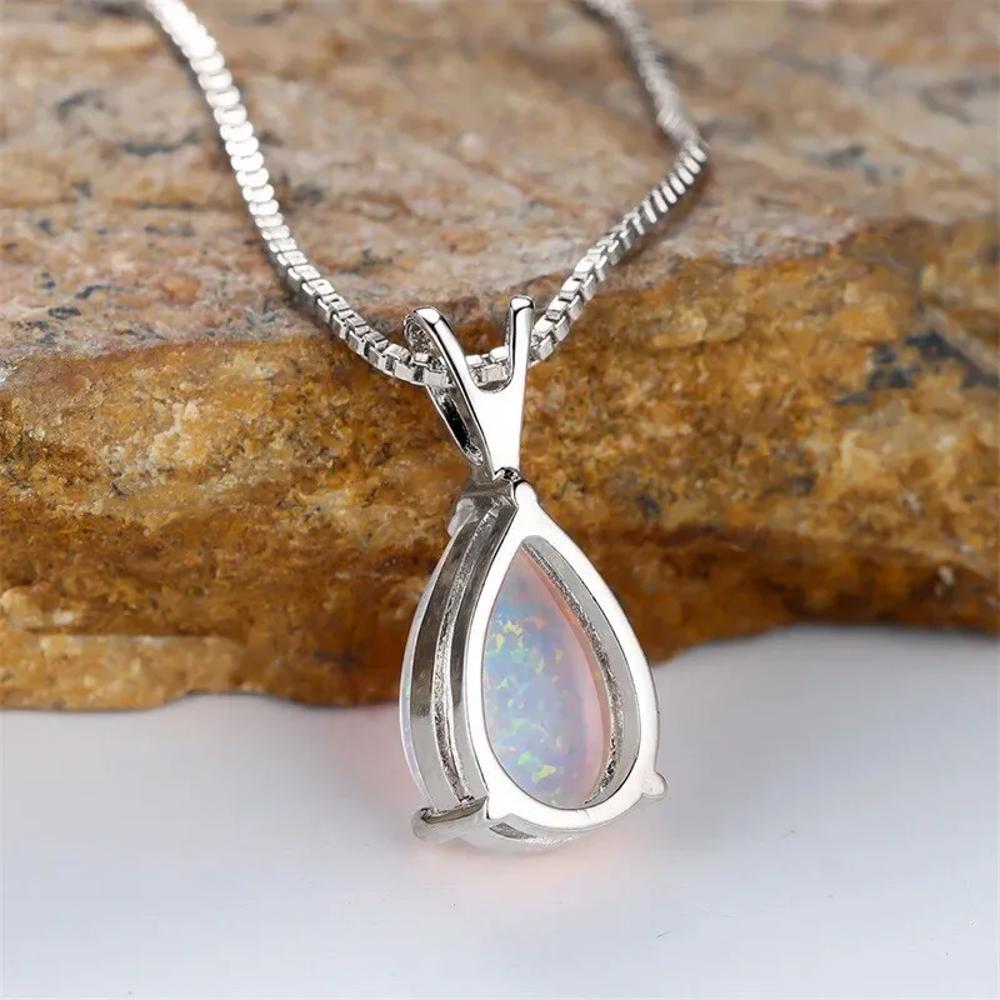 White Fire Opal Crystal Teardrop Pendant Healing Lucky Women Necklace Gifts