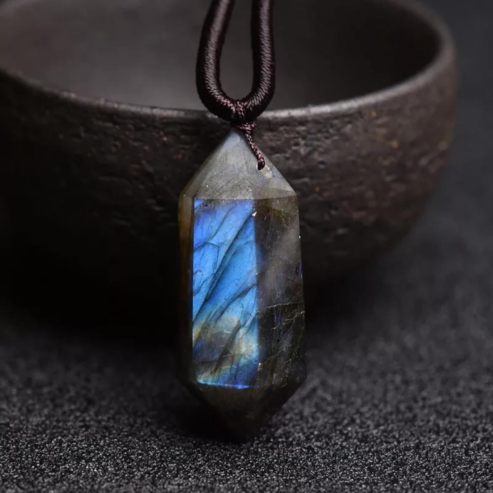 Natural Labradorite Flash Stone Hexagon Pendant Healing Energy Amulet Necklace