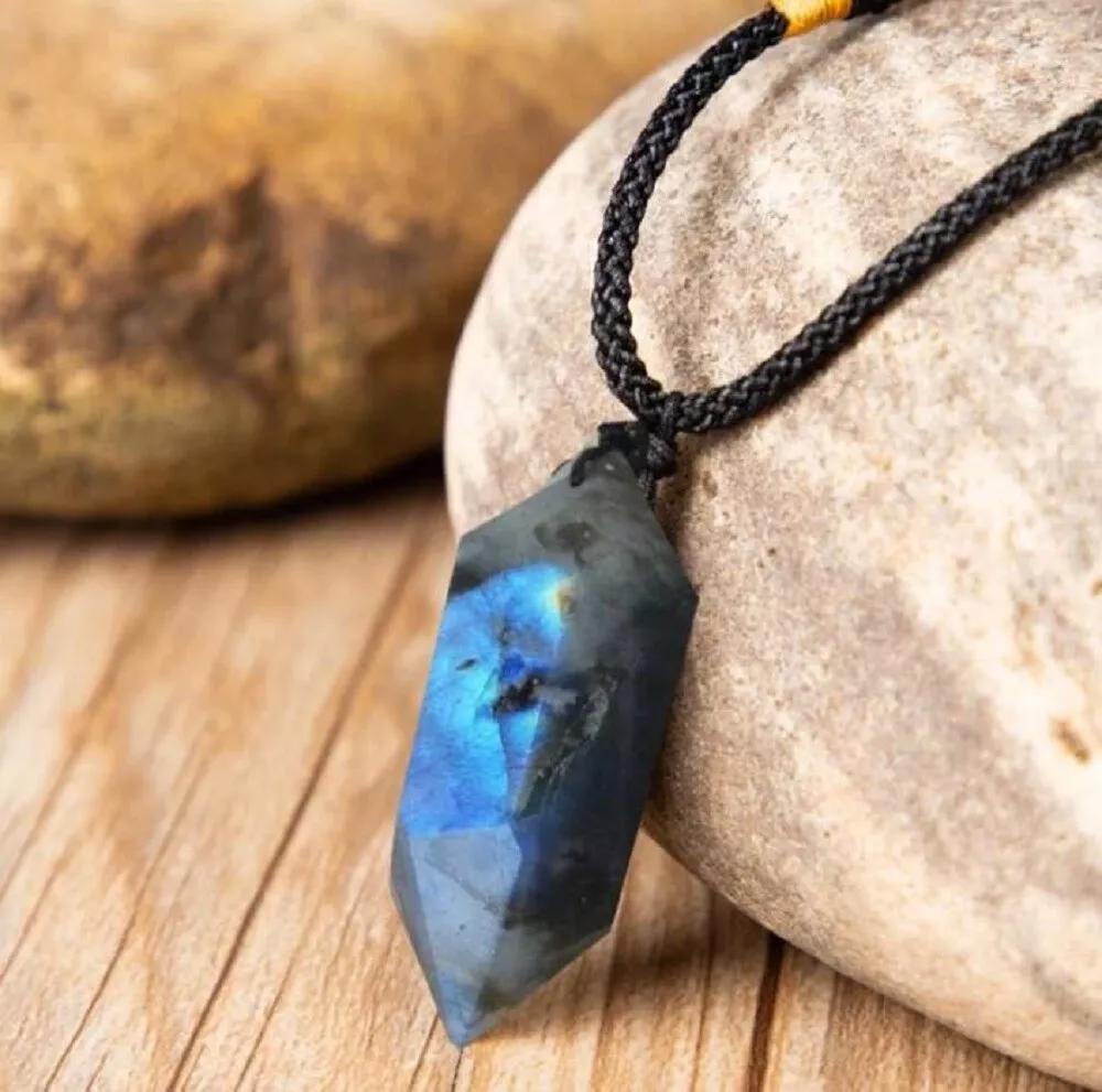 Natural Labradorite Flash Stone Hexagon Pendant Healing Energy Amulet Necklace