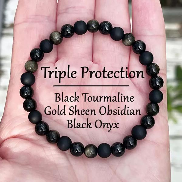 Natural Black Tourmaline Obsidian Onyx Beads Healing Triple Protection Bracelet