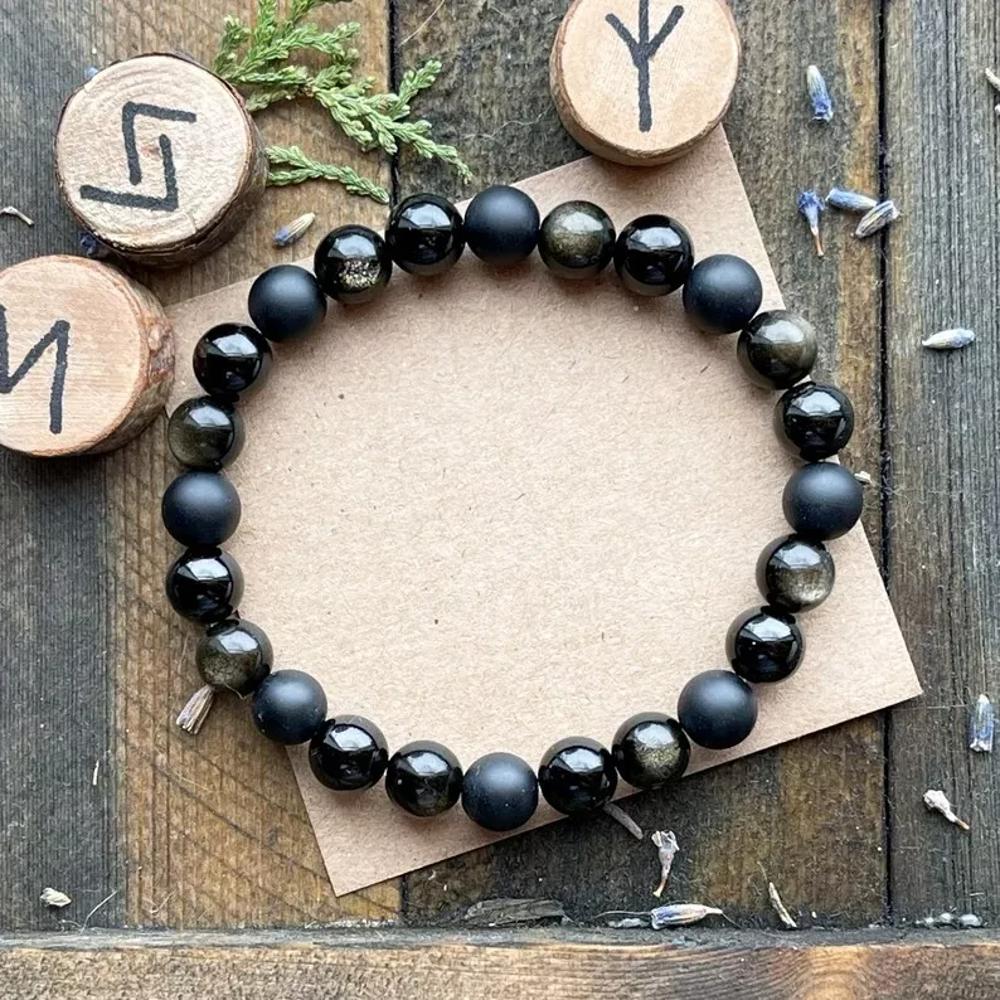 Natural Black Tourmaline Obsidian Onyx Beads Healing Triple Protection Bracelet