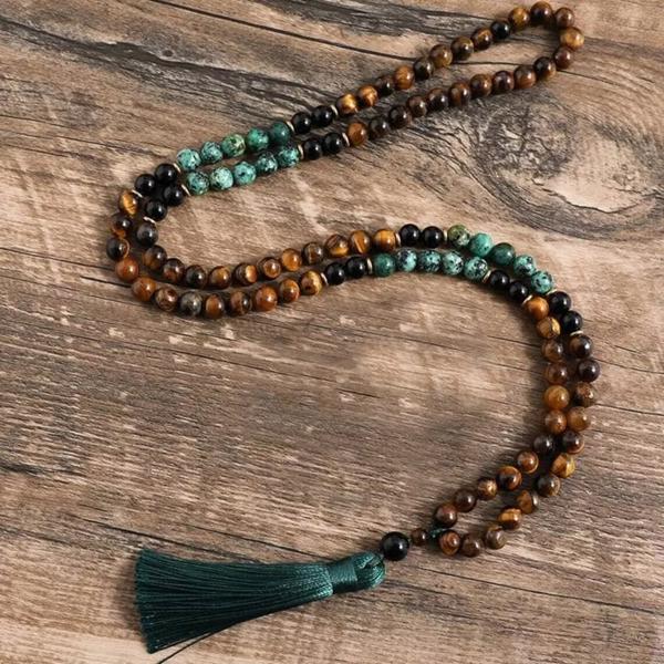 108 Mala Beads African Turquoise Obsidian Tiger's Eye Tassel Necklace Protection