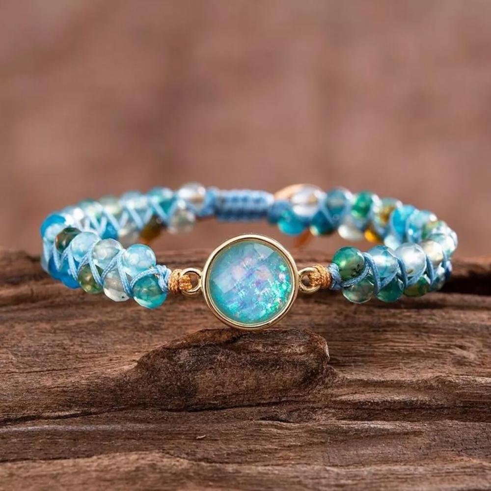 Natural Blue Quartz Crystal Bracelet Opal Stone Charm Braided Bracelet Handmade