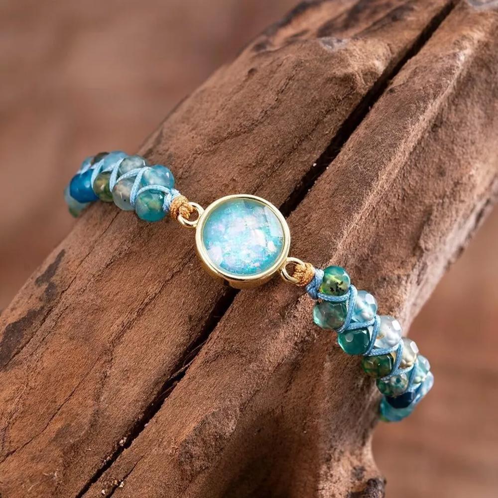 Natural Blue Quartz Crystal Bracelet Opal Stone Charm Braided Bracelet Handmade