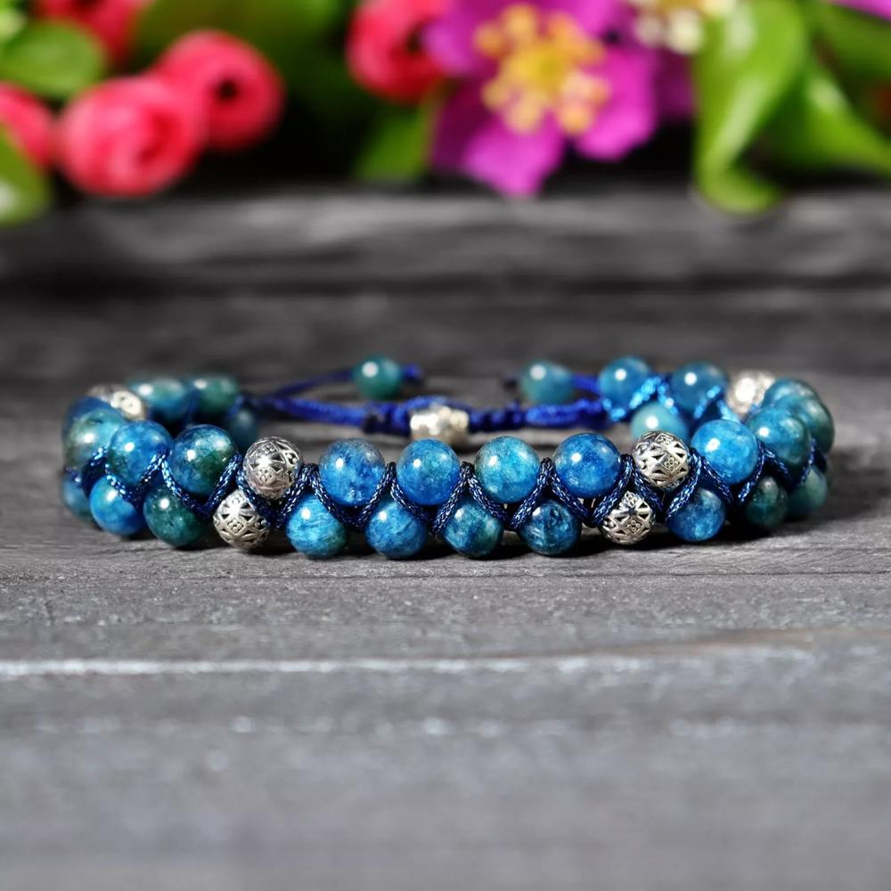 Natural Double Braided Blue Apatite Crystal Healing Reiki Men Women Bracelet