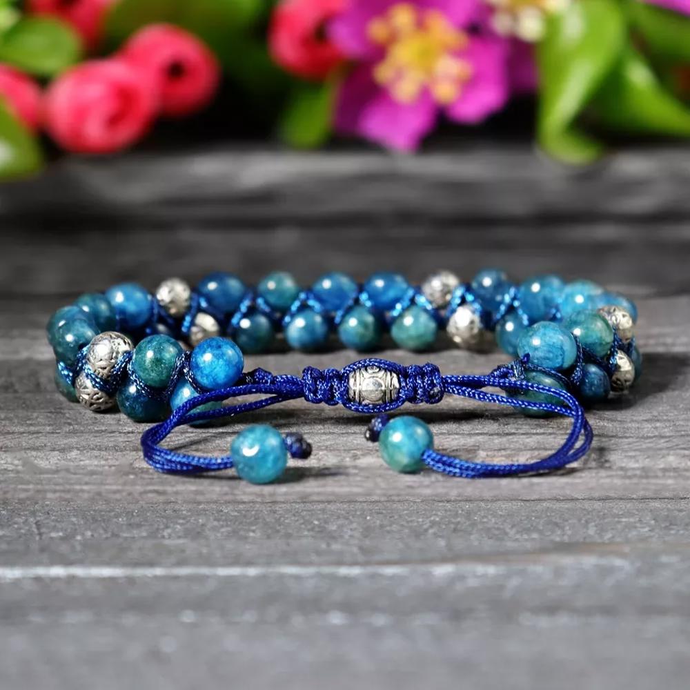 Natural Double Braided Blue Apatite Crystal Healing Reiki Men Women Bracelet