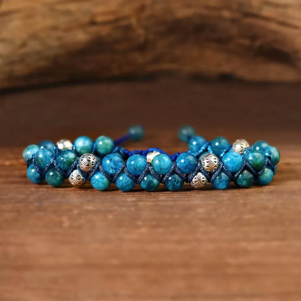 Natural Double Braided Blue Apatite Crystal Healing Reiki Men Women Bracelet