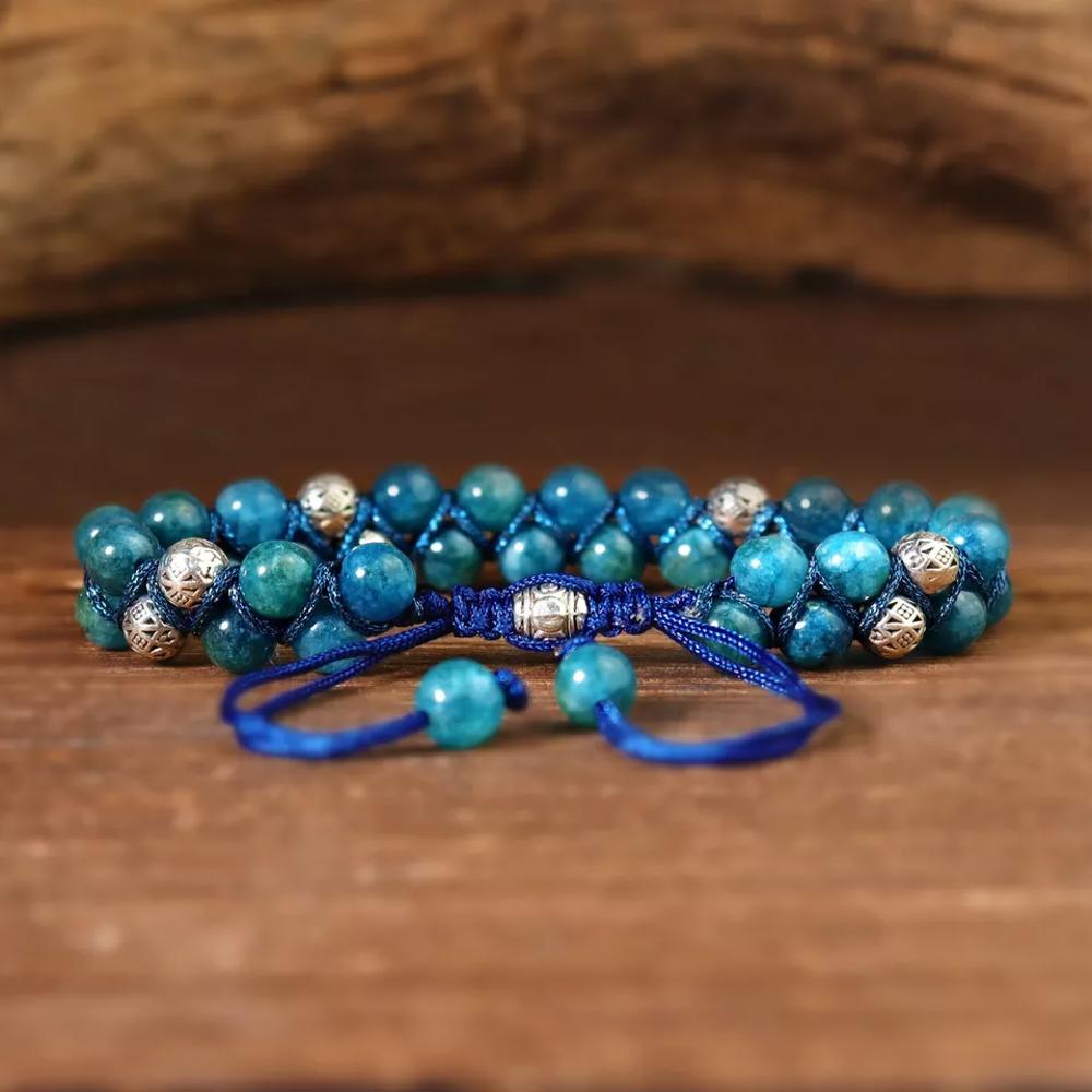 Natural Double Braided Blue Apatite Crystal Healing Reiki Men Women Bracelet