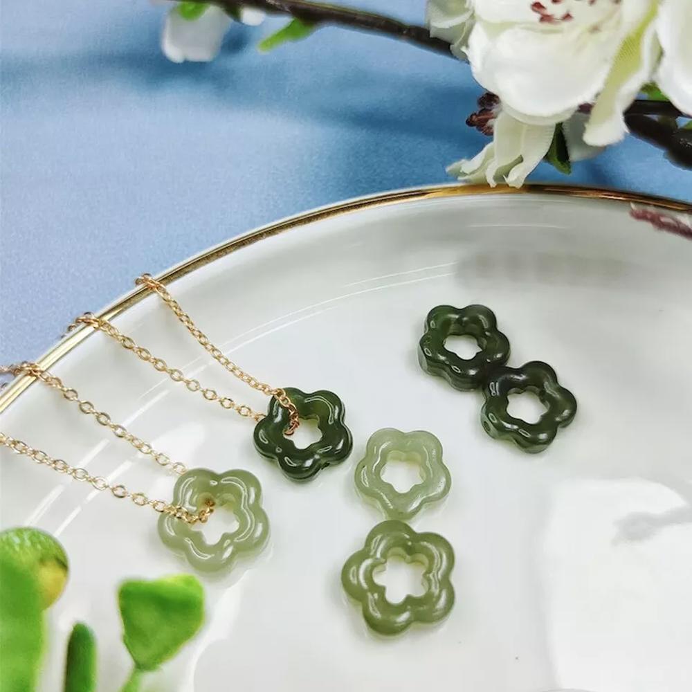 Natural Green Jade Floral Flower Shape Charm Pendant Healing Necklace (A Set)