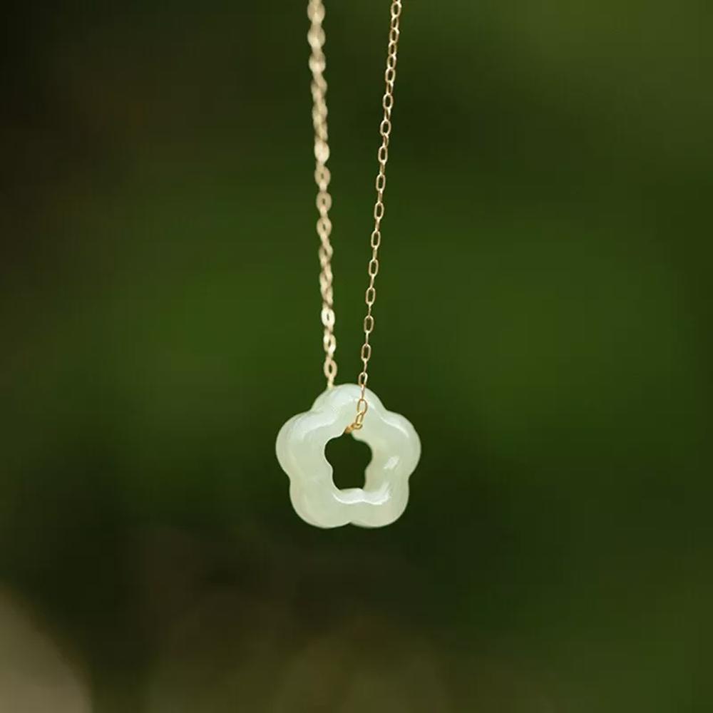 Natural Green Jade Floral Flower Shape Charm Pendant Healing Necklace (A Set)