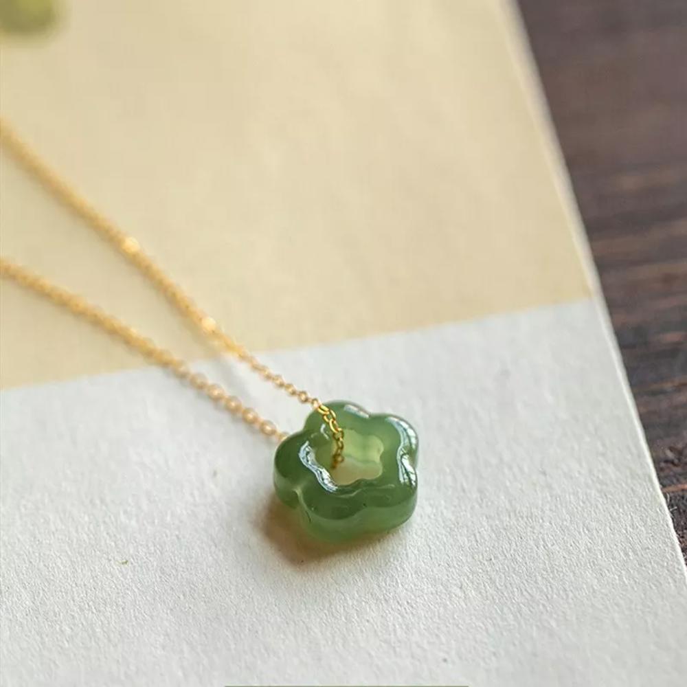 Natural Green Jade Floral Flower Shape Charm Pendant Healing Necklace (A Set)