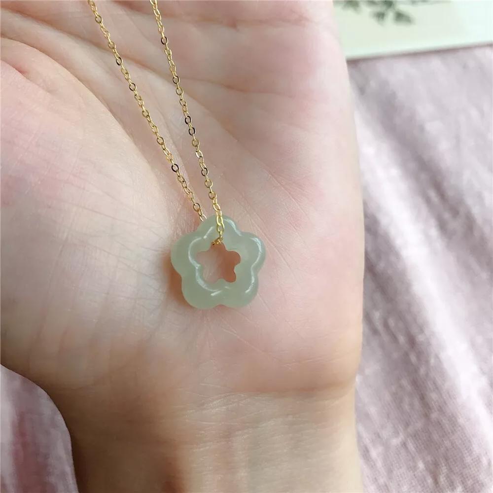 Natural Green Jade Floral Flower Shape Charm Pendant Healing Necklace (A Set)