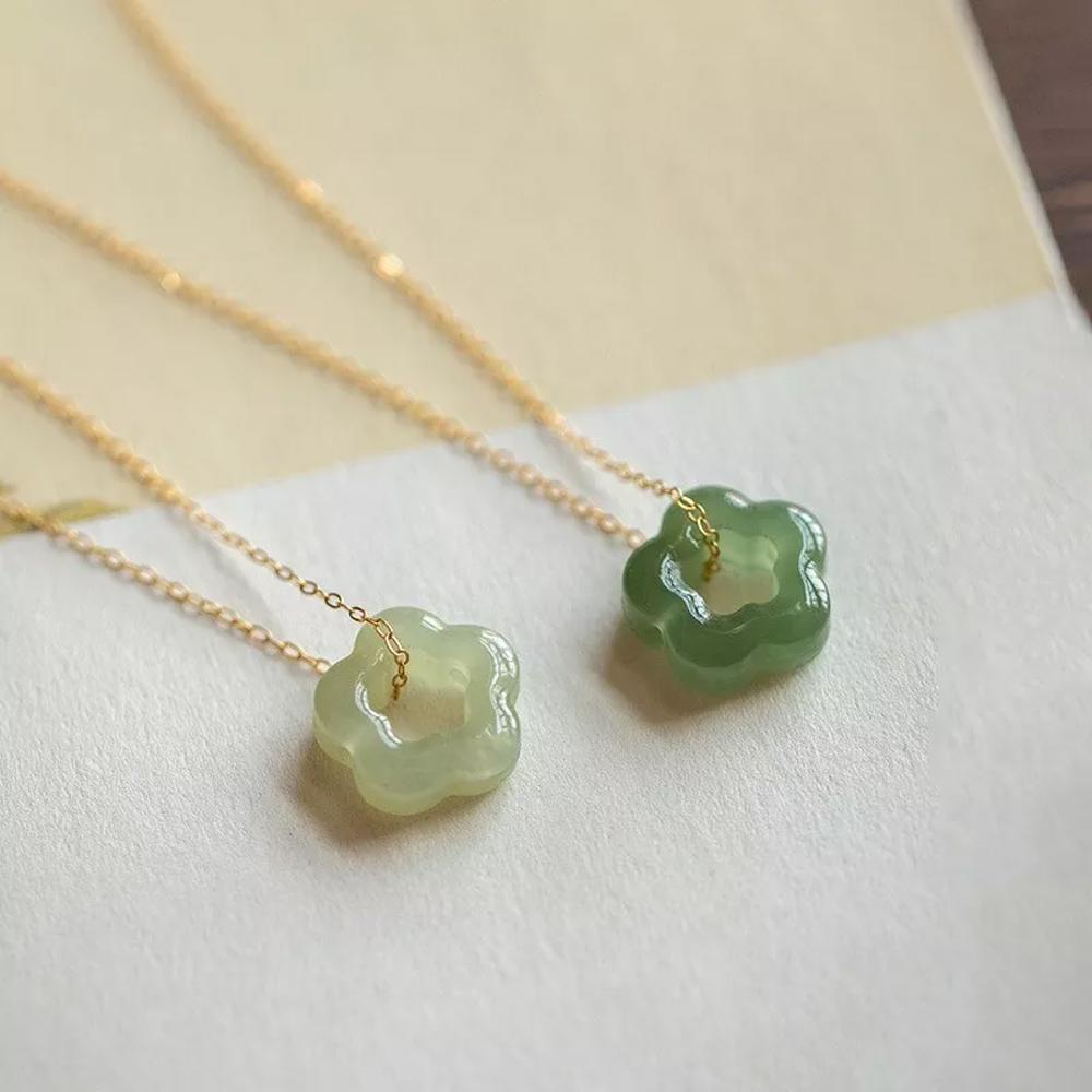 Natural Green Jade Floral Flower Shape Charm Pendant Healing Necklace (A Set)