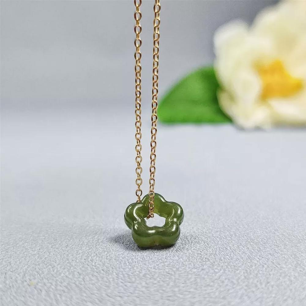 Natural Green Jade Floral Flower Shape Charm Pendant Healing Necklace (A Set)