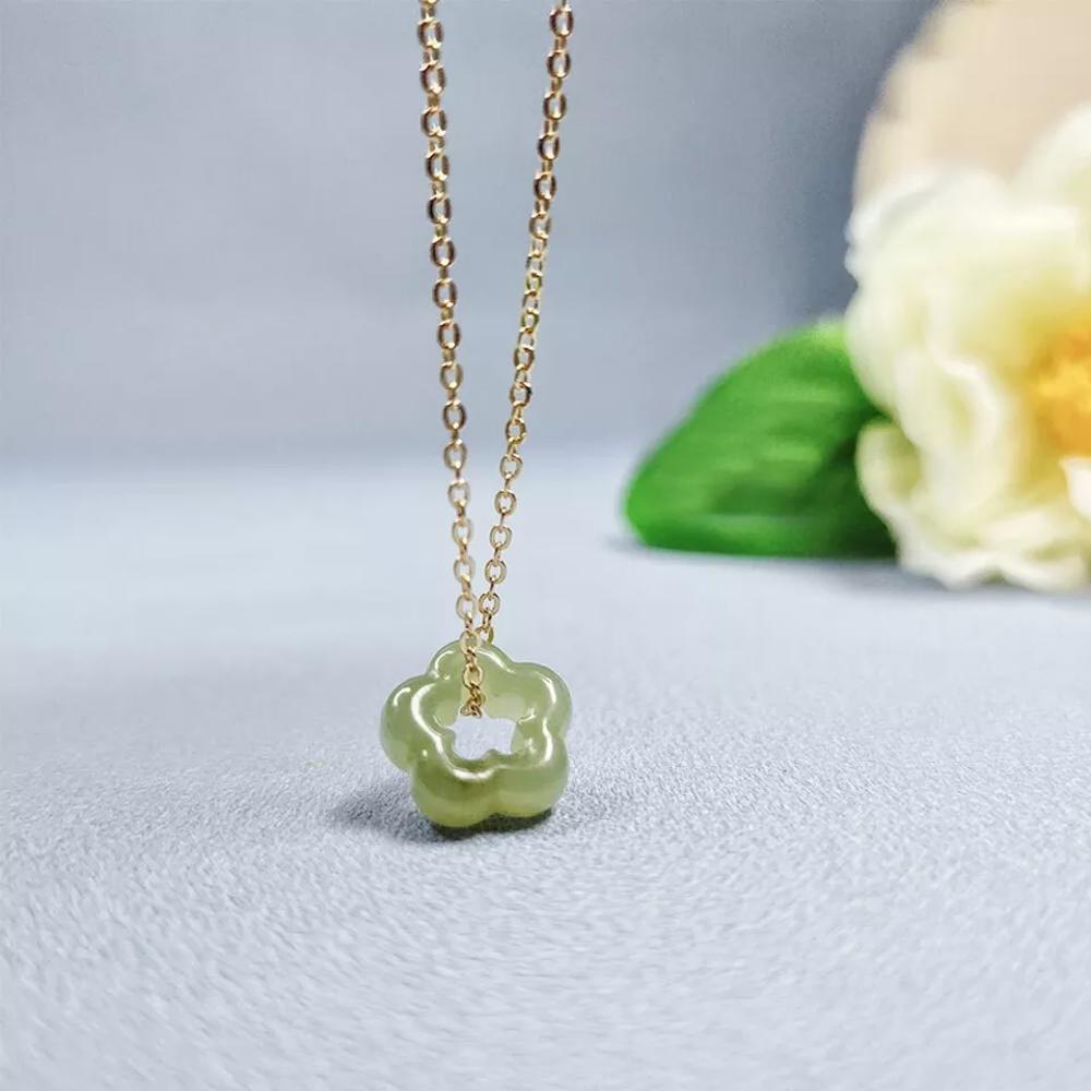 Natural Green Jade Floral Flower Shape Charm Pendant Healing Necklace (A Set)