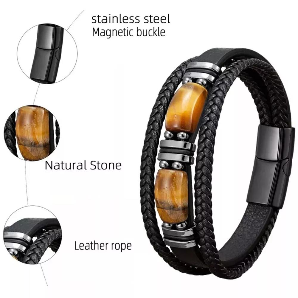 Natural Tiger's Eye Stone Men's Leather Braided Bracelet Bangle Magnetic Clasp H