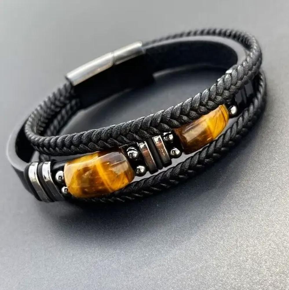 Natural Tiger's Eye Stone Men's Leather Braided Bracelet Bangle Magnetic Clasp H