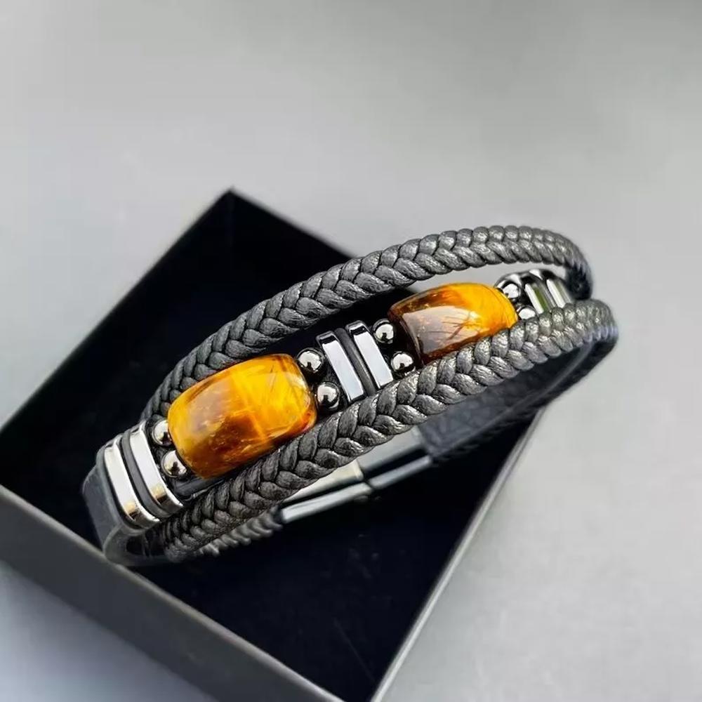 Natural Tiger's Eye Stone Men's Leather Braided Bracelet Bangle Magnetic Clasp H