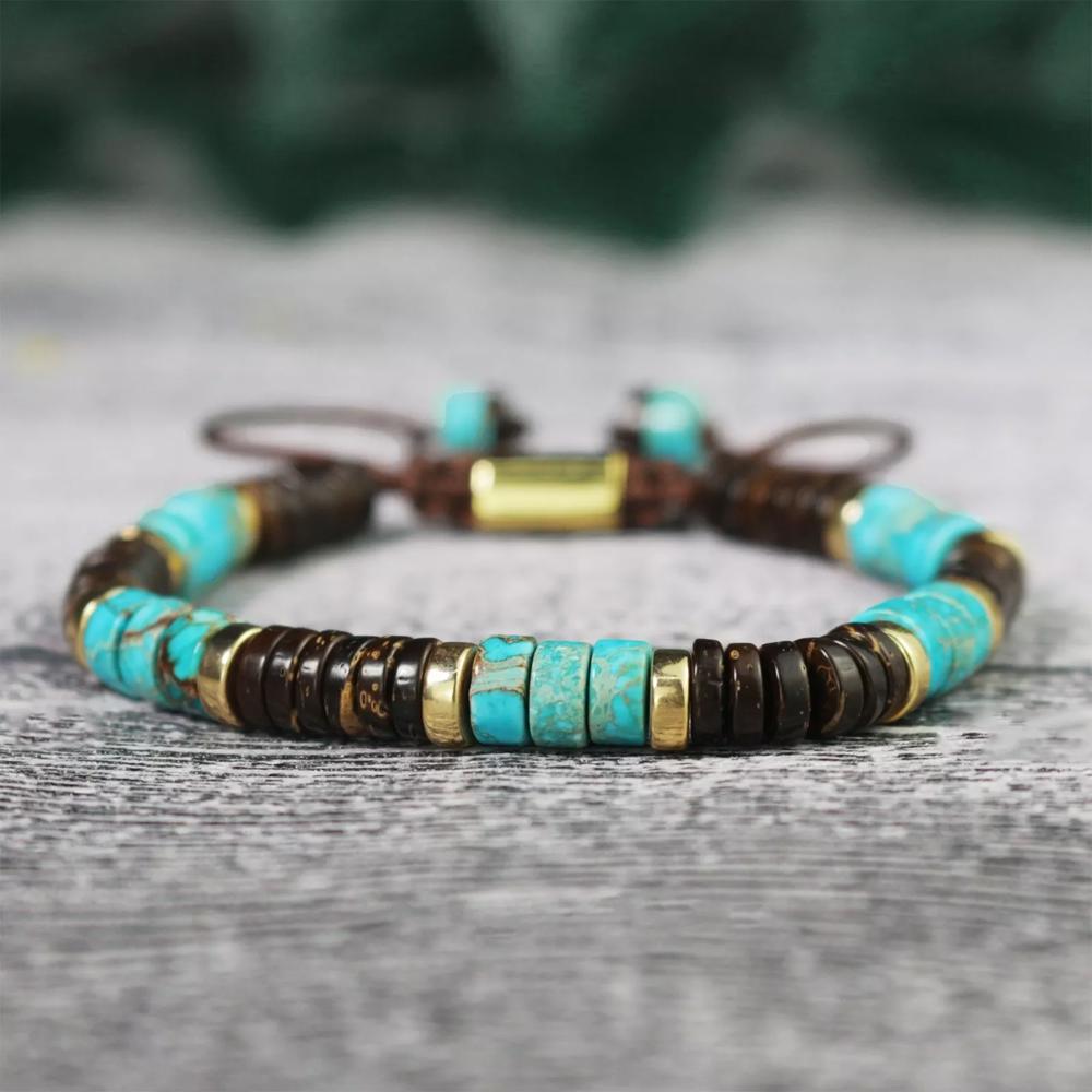 Natural Coconut Shell Imperial Jasper Bead Healing Reiki Crystal Dainty Bracelet