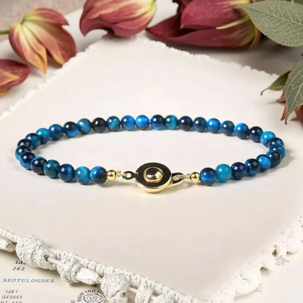 Small 4mm Round Blue Tiger Eye Beaded Dainty Healing Protection Lucky Bracelet