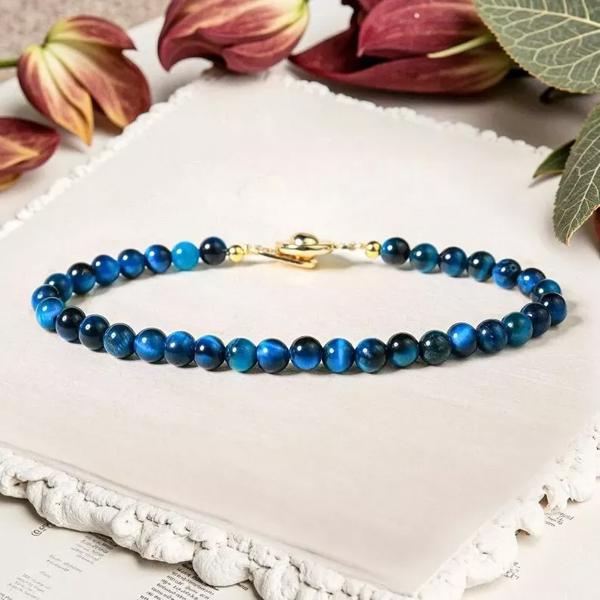 Small 4mm Round Blue Tiger Eye Beaded Dainty Healing Protection Lucky Bracelet