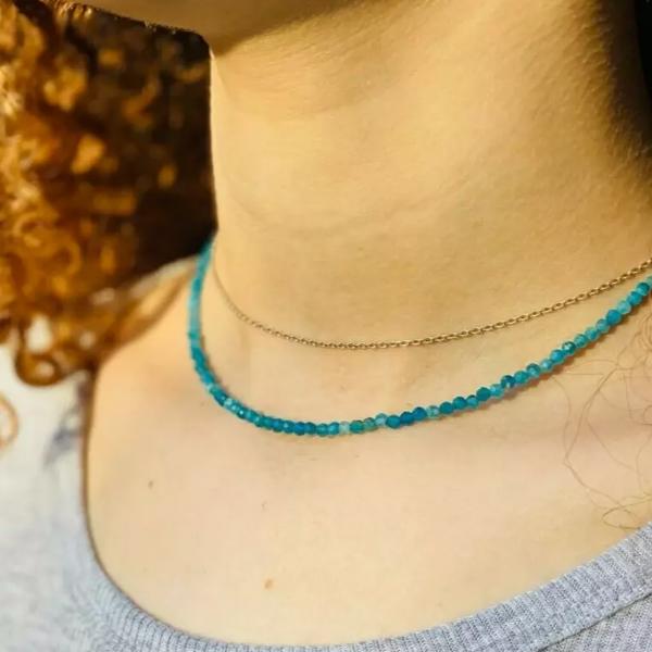 Blue Apatite 2mm Beaded Choker Gemstone Crystal Healing Women Necklace Gifts