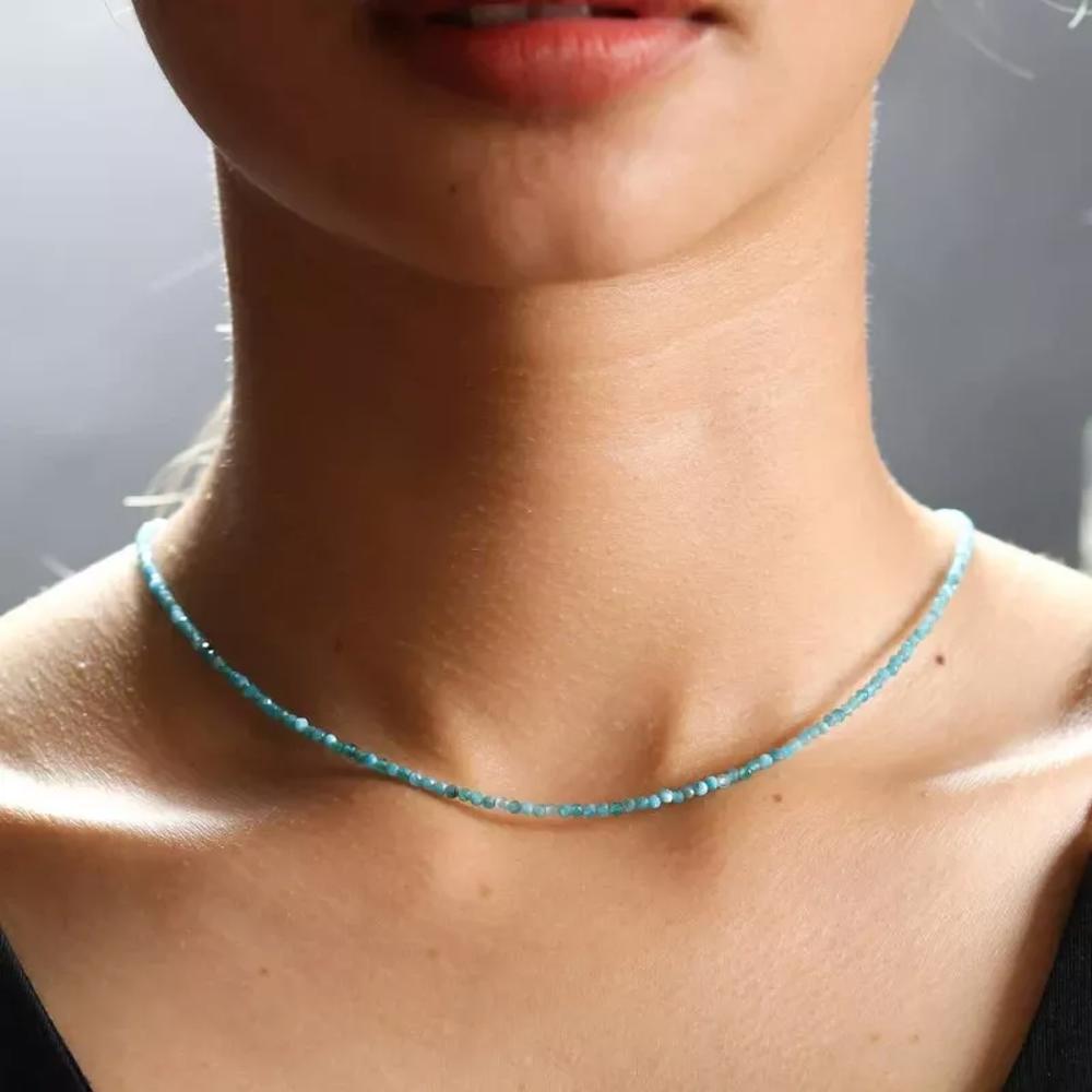 Blue Apatite 2mm Beaded Choker Gemstone Crystal Healing Women Necklace Gifts