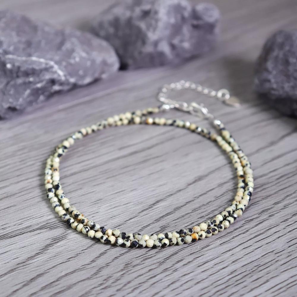 Natural Dalmatian Jasper Choker 2mm Tiny Beads Healing Reiki Minimalist Necklace