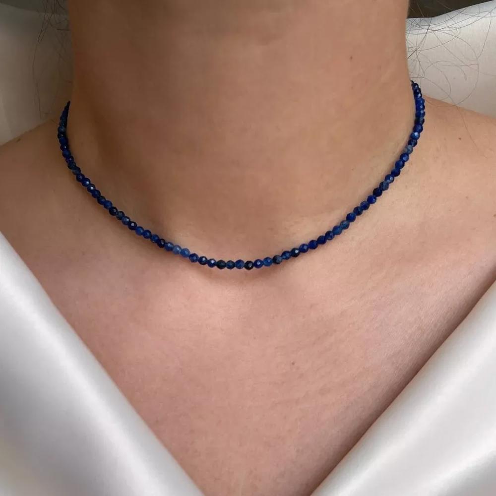 Blue Kyanite 2mm Beaded Choker Healing Dainty Women Boho Crystal Necklace Gift