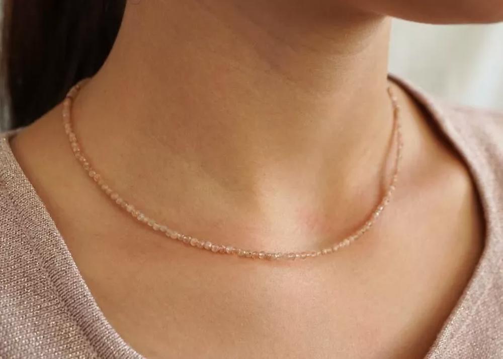 Sunstone Peachy Crystal 2mm Beaded Choker Healing Dainty Women Necklace Gifts