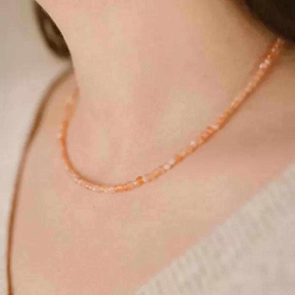 Sunstone Peachy Crystal 2mm Beaded Choker Healing Dainty Women Necklace Gifts