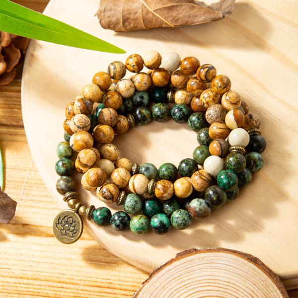 108 Mala Beads Picture Jasper African Turquoise Stone Beads Bracelet Necklace