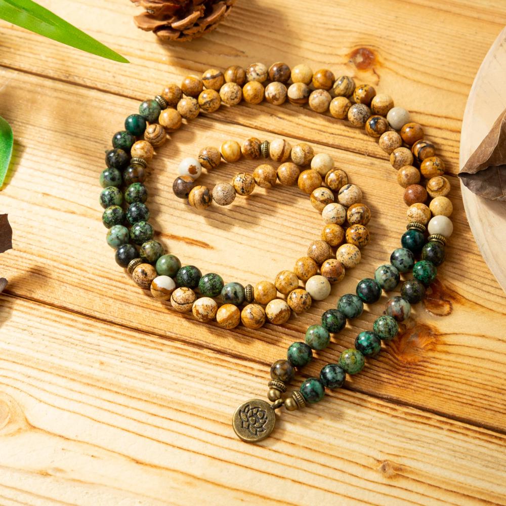 108 Mala Beads Picture Jasper African Turquoise Stone Beads Bracelet Necklace