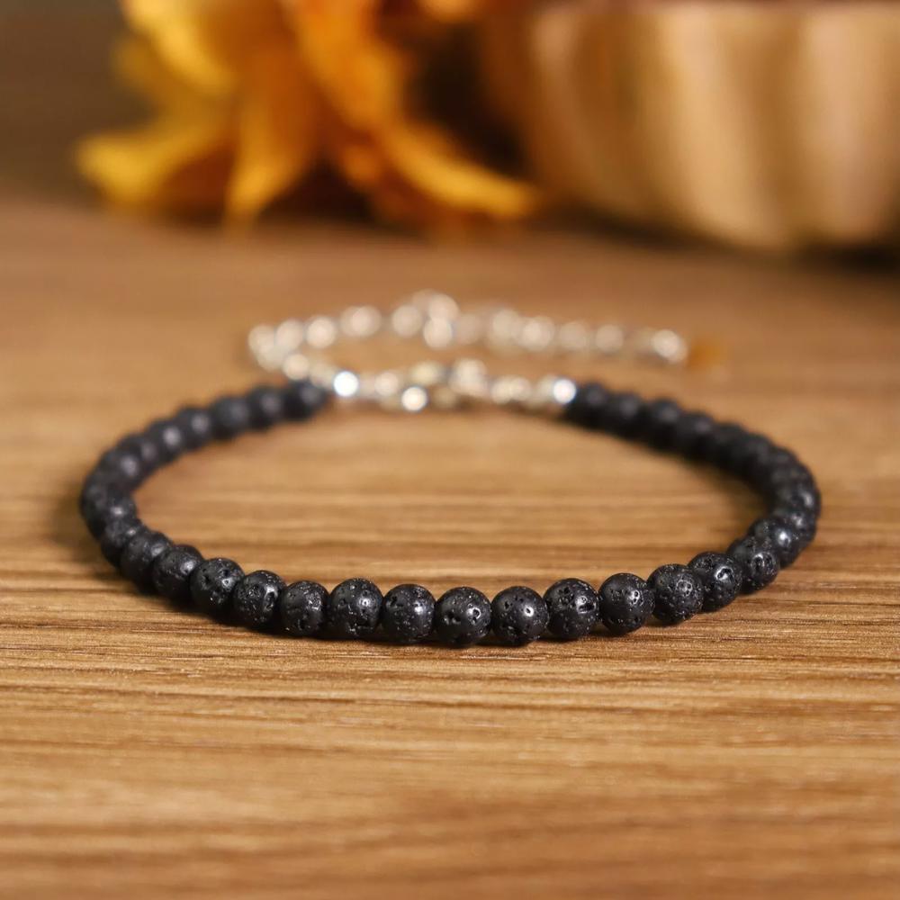 Natural Lava Rocks 4mm Bead Volcanic Stone Healing Women Men Dainty Bracelet